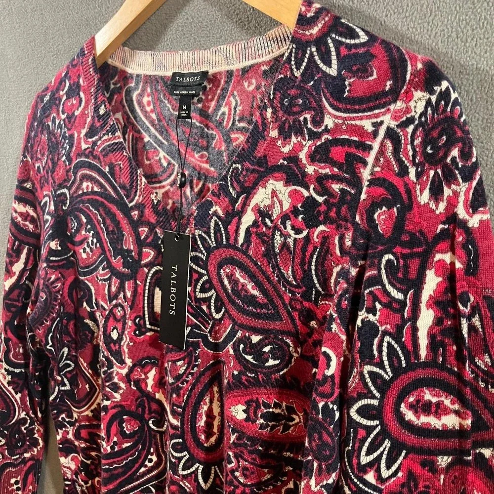 Talbots Red Paisley 100% Merino Wool V-Neck Sweater 3/4 Sleeve Women's Medium - Picture 2 of 5